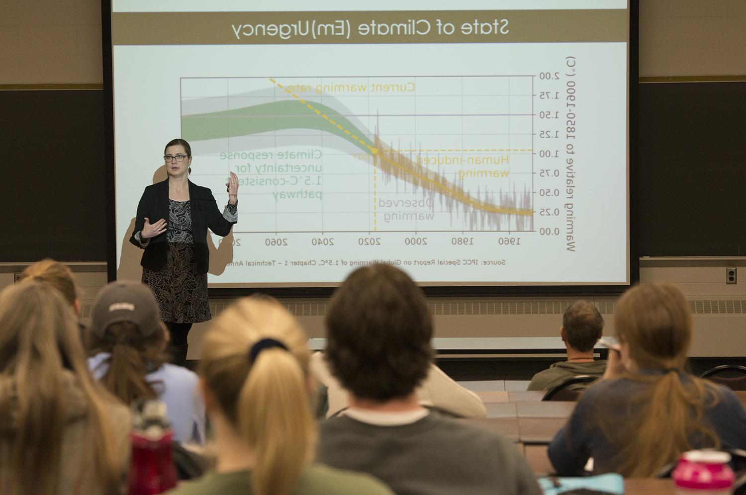 Dr. Anna Carlson, assistant professor of environmental studies, presenting on climate change during a 2019 Honors Lecture.